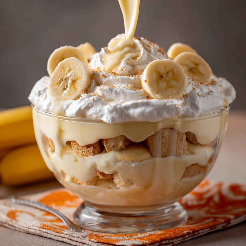 Cremiger Bananen-Trifle mit geschlagener Sahne und Bananenscheiben, wobei eine cremige Sauce darüber gegossen wird.