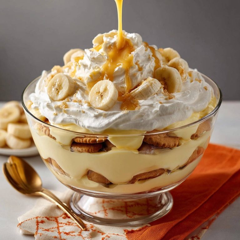 Cremiger Bananen-Trifle, Nahaufnahme mit Karamellsauce, die auf die Sahne gegossen wird.