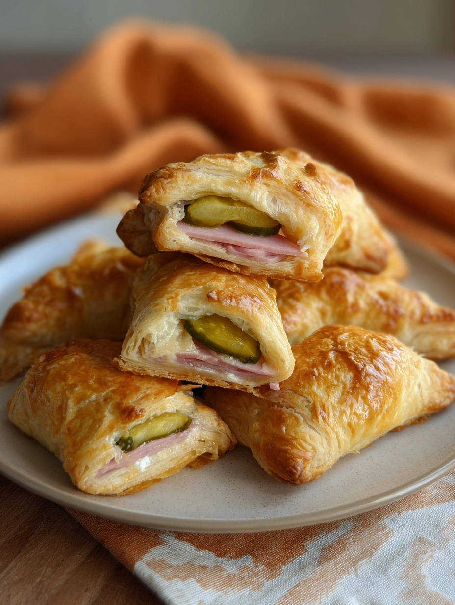 Knusprige Blätterteigtaschen mit Schinken und Käse, angeschnitten und mit Blick auf die Füllung aus Schinken, Käse und Gewürzgurken.