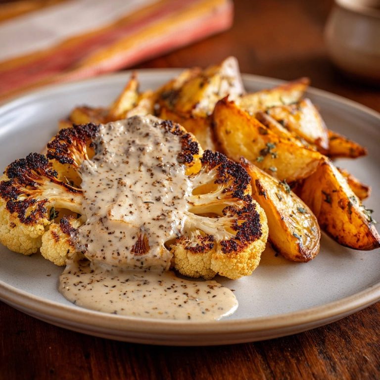 Aromatische Blumenkohl-Steaks mit Kartoffelspalten und cremigem Kräuter-Dip, eine Nahaufnahme mit dem Blumenkohl-Steak im Vordergrund und dem Dip darüber.