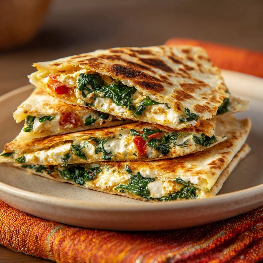 Cremige Spinat Feta Quesadillas angeschnitten auf einem Teller, mit sichtbarer Füllung aus Spinat und Käse.