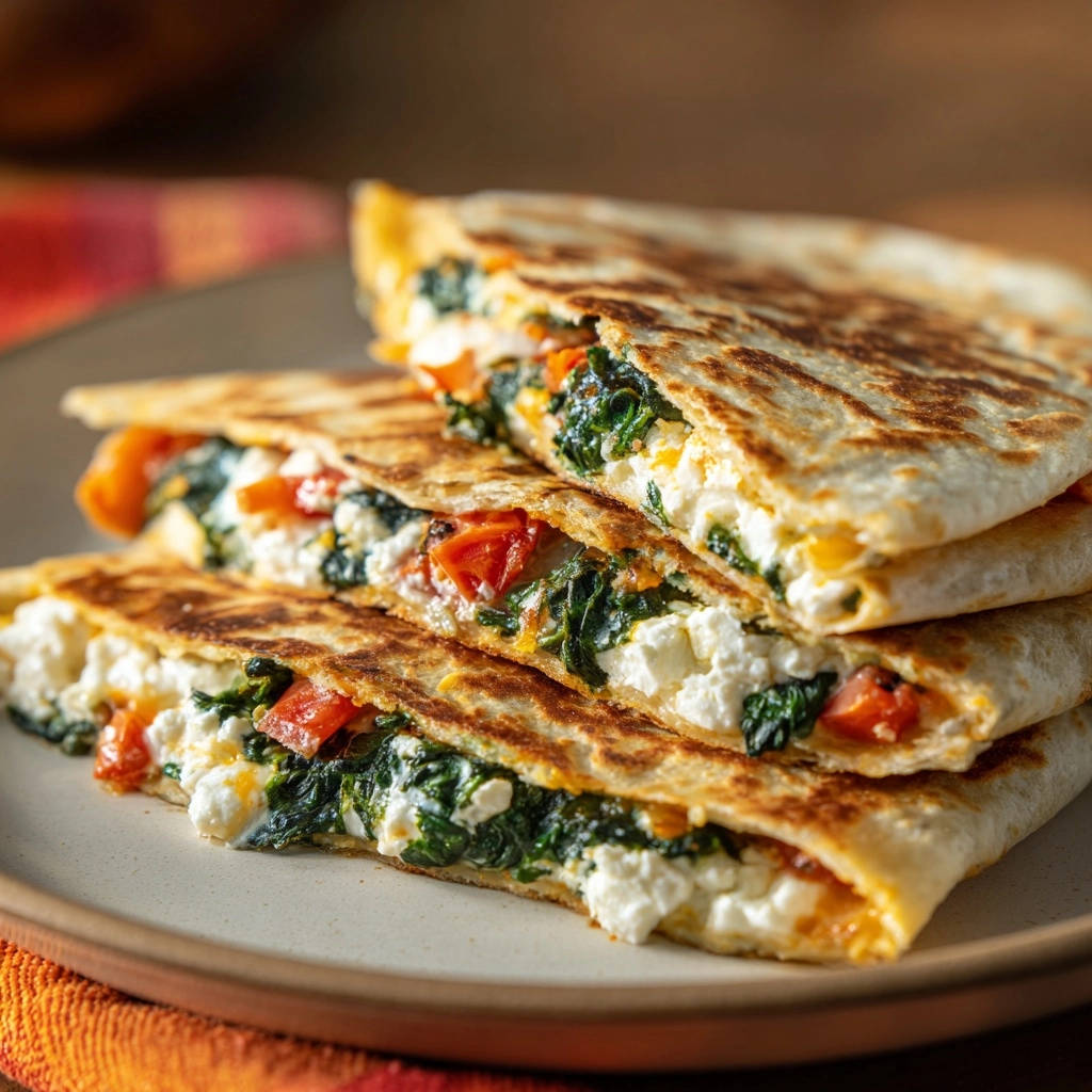 Cremige Spinat Feta Quesadillas angeschnitten auf einem Teller, gefüllt mit Spinat, Feta und Tomaten