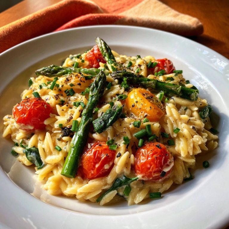 Cremige Risoni mit Spargel und Kirschtomaten als Nahaufnahme mit frischen Kräutern garniert.