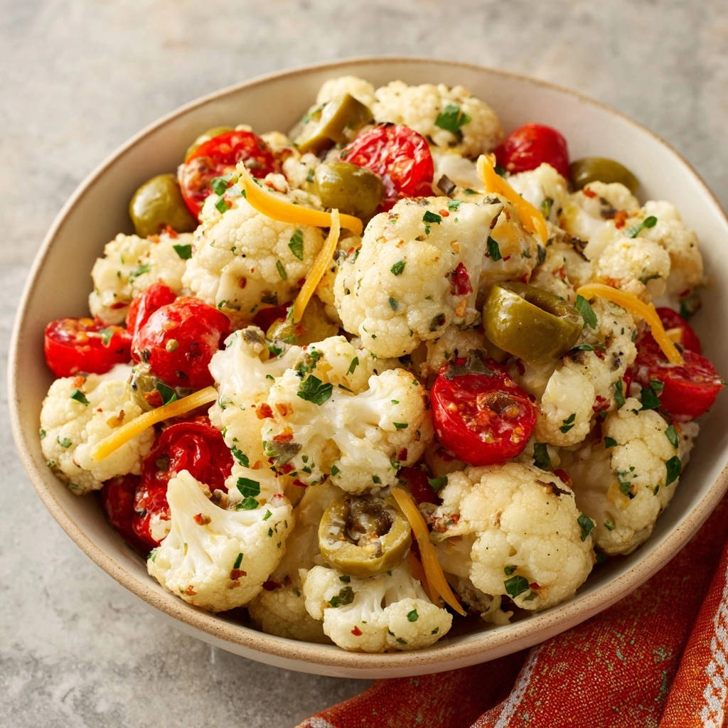 Cremiger Blumenkohlsalat, eine Nahaufnahme der Textur mit ganzen und halbierten Kirschtomaten und grünen Oliven, garniert mit Petersilie und Käse.