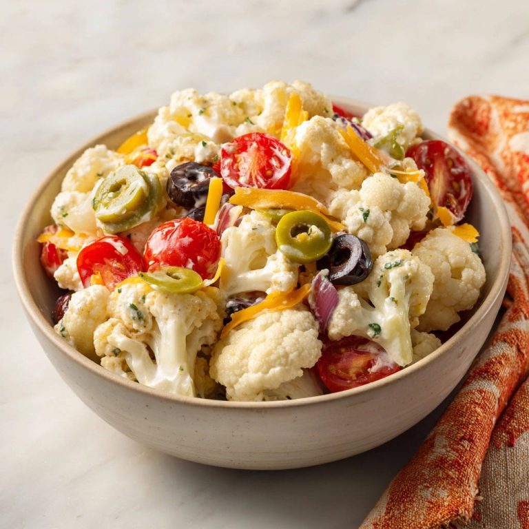 Cremiger Blumenkohlsalat mit Tomaten, Oliven und Käse, serviert in einer Schüssel auf Marmoruntergrund.