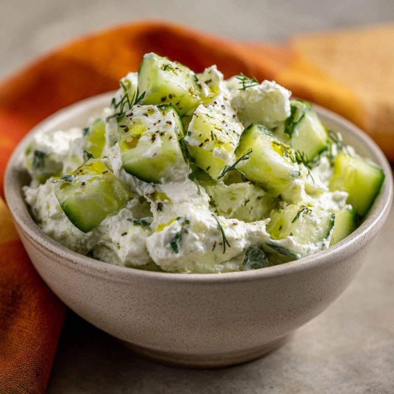Cremiger Gurken-Joghurt-Salat nahaufnahme mit frischer Dillgarnitur und Olivenöl beträufelt