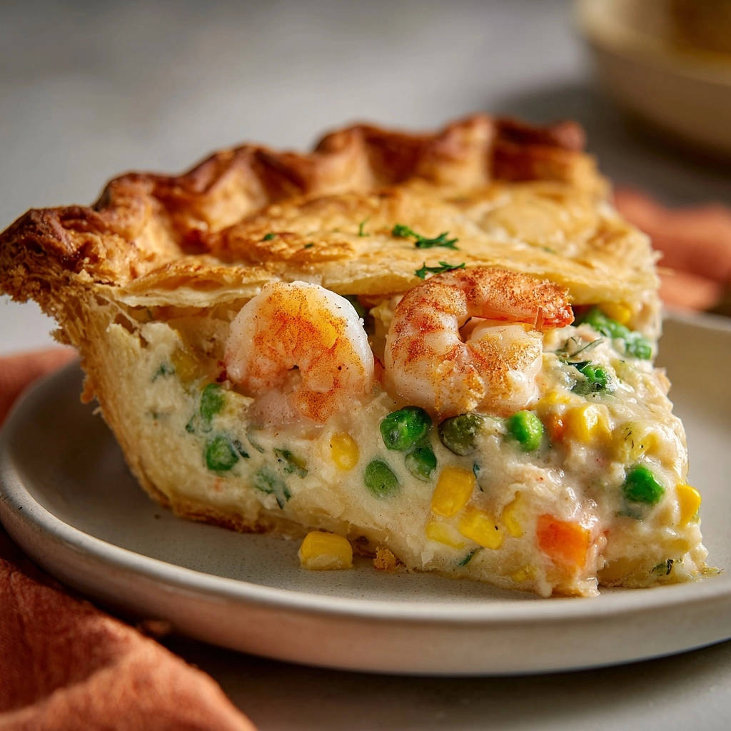 Cremiger Meeresfrüchte-Pot Pie, angeschnitten, mit Garnelen und Gemüsefüllung auf einem Teller serviert.
