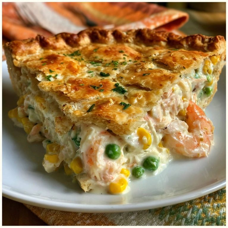Cremiger Meeresfrüchte-Pot Pie angeschnitten mit einer reichhaltigen Füllung aus Garnelen, Mais und Erbsen.