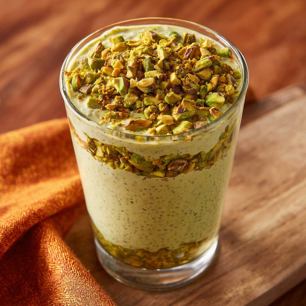 Cremiger Pistazien-Chia-Pudding Schichtdessert mit reichlich gehackten Pistazien als Garnitur im Glas.