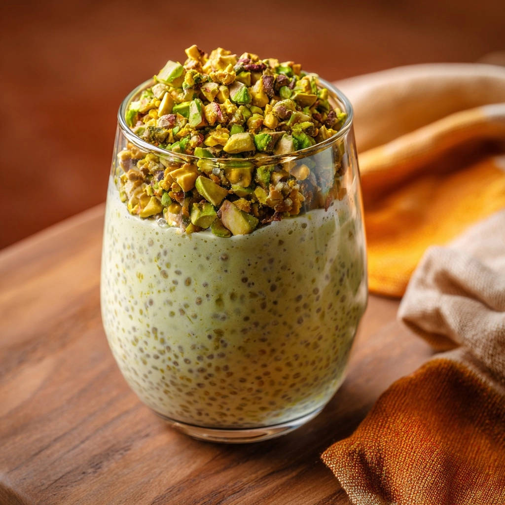 Cremiger Pistazien-Chia-Pudding Schichtdessert, garniert mit gehackten Pistazien, in einem Glas serviert.