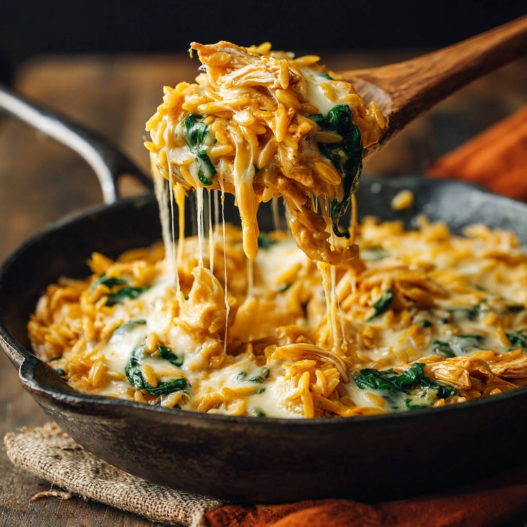 Cremiges One-Pan Hähnchen Orzo mit Spinat, das mit heißem, geschmolzenem Käse von einem Holzlöffel gezogen wird.