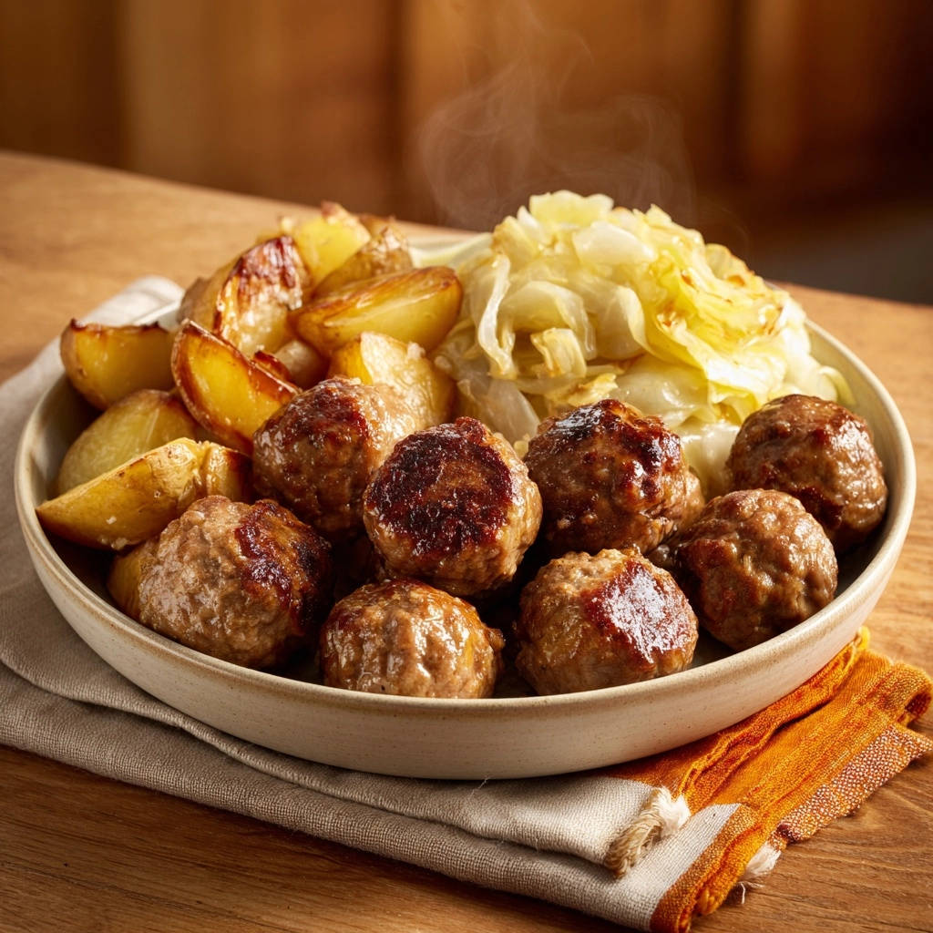Deftige Frikadellen mit Kartoffeln und geschmortem Kohl, dampfend in einer Schüssel auf einem Holztisch serviert.