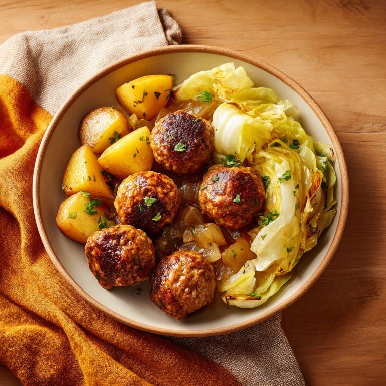 Deftige Frikadellen mit Kartoffeln und geschmortem Kohl, serviert in einer Schüssel aus der Vogelperspektive.
