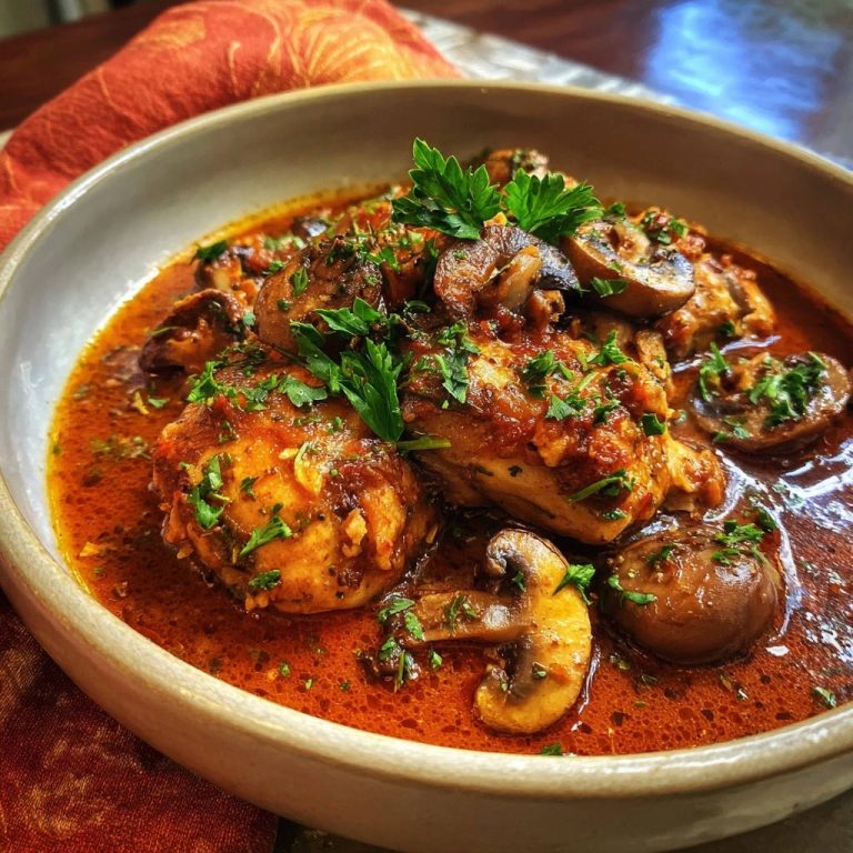 Geschmortes Pilz-Hähnchen in einer reichhaltigen Sauce mit frischer Petersilie und Champignons, Nahaufnahme.