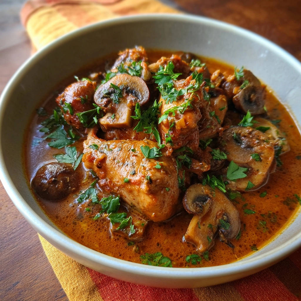 Geschmortes Pilz-Hähnchen in einer cremigen Sauce mit Pilzen und Petersilie, Nahaufnahme