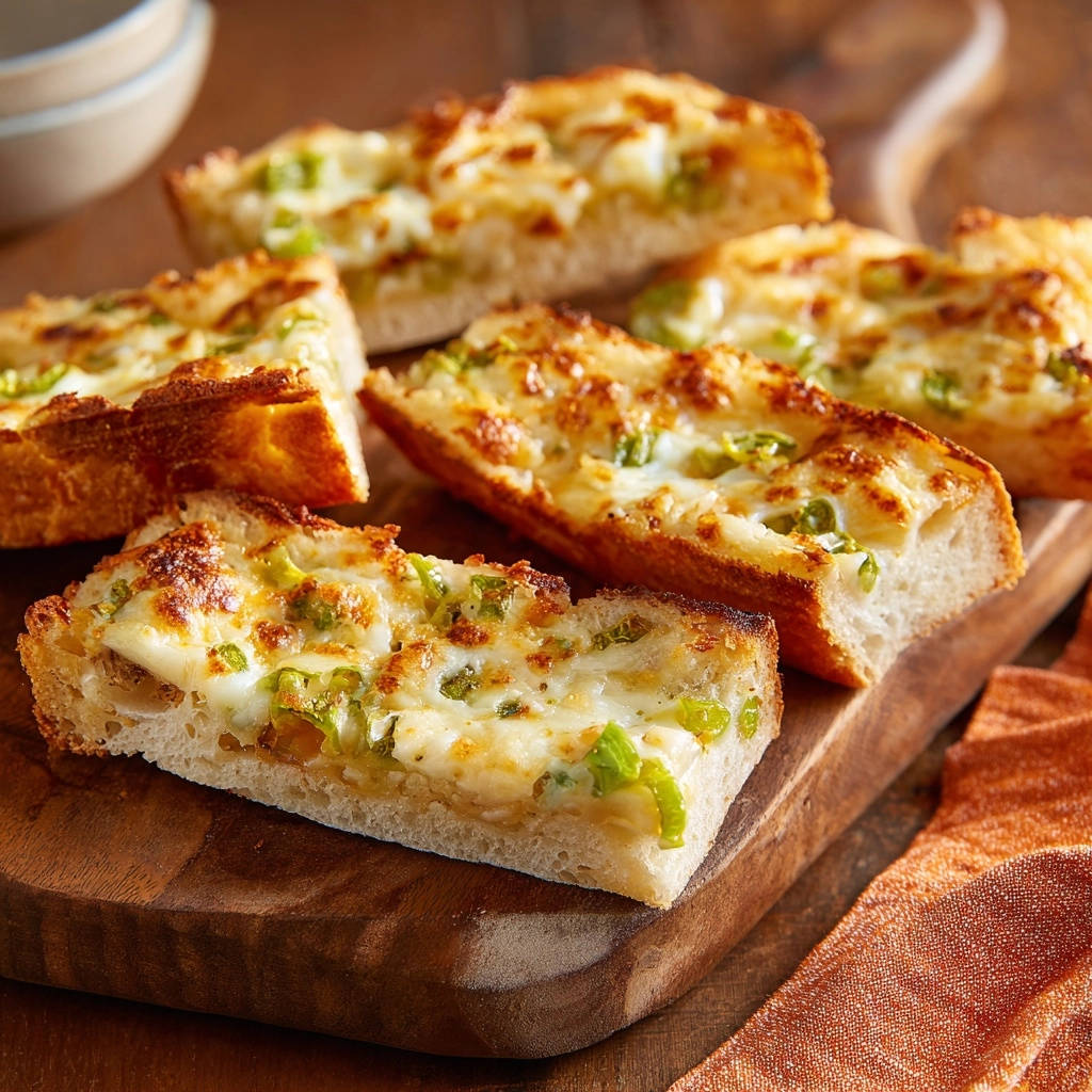 Goldbraune Käse-Stangen mit grüner Paprika, eine Nahaufnahme zeigt die goldbraune Käseschicht und die fluffige Krume des Brotes.