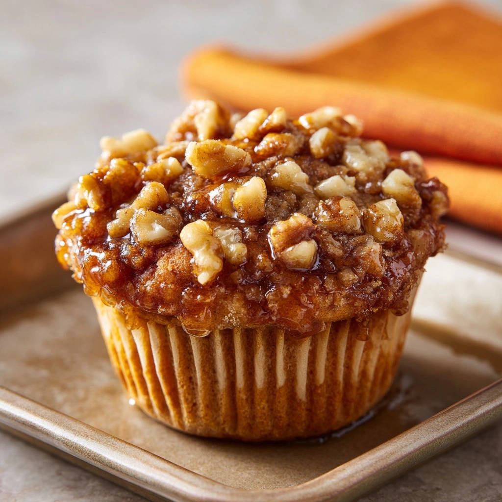 Goldene Nuss-Muffins mit klebriger Glasur und Walnüssen, im Nahaufnahme von vorne auf einem Blech.