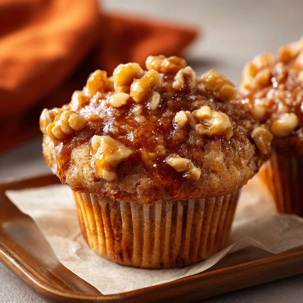 Goldene Nuss-Muffins mit einer klebrigen Glasur und knackigen Walnüssen, nahaufnahme des Toppings