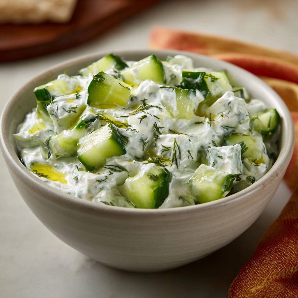 Cremiger Gurken-Joghurt-Salat als Nahaufnahme in einer Schüssel mit frischen Dill- und Gurkenstücken.