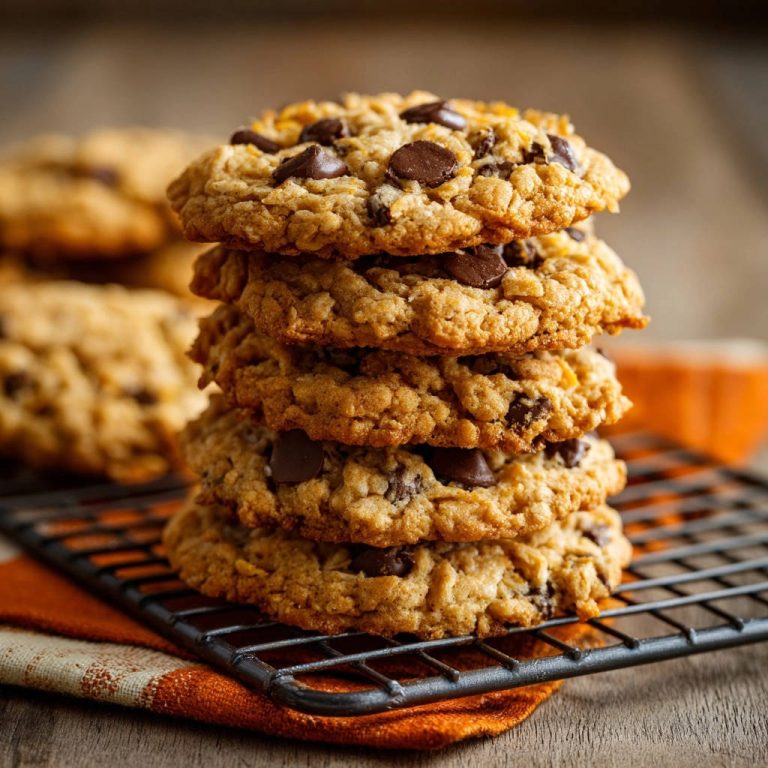Saftige Haferflocken-Schoko-Cookies, gestapelt auf einem schwarzen Kühlgitter mit orangefarbenem Tuch darunter.