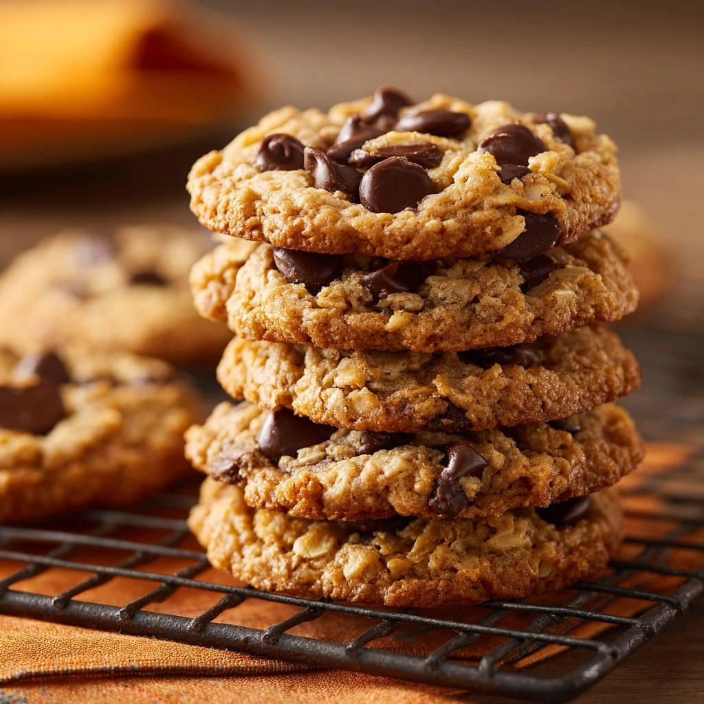 Saftige Haferflocken-Schoko-Cookies, gestapelt auf einem schwarzen Kühlgitter, mit dunkler Schokolade.