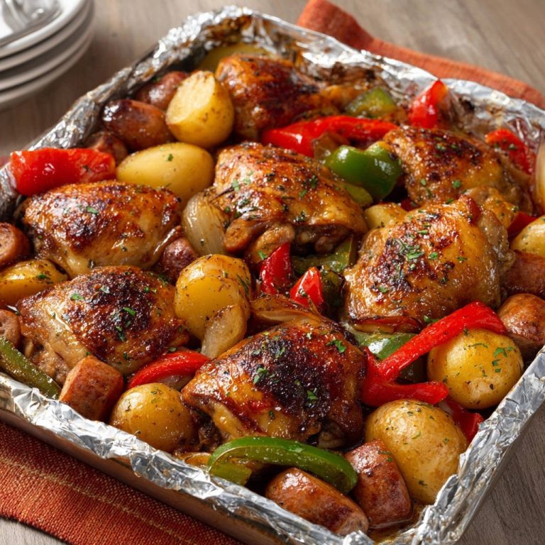 Hähnchen-Gemüse-Blechpfanne knusprig und zart auf einem mit Alufolie ausgelegten Backblech mit Kartoffeln und Paprika.