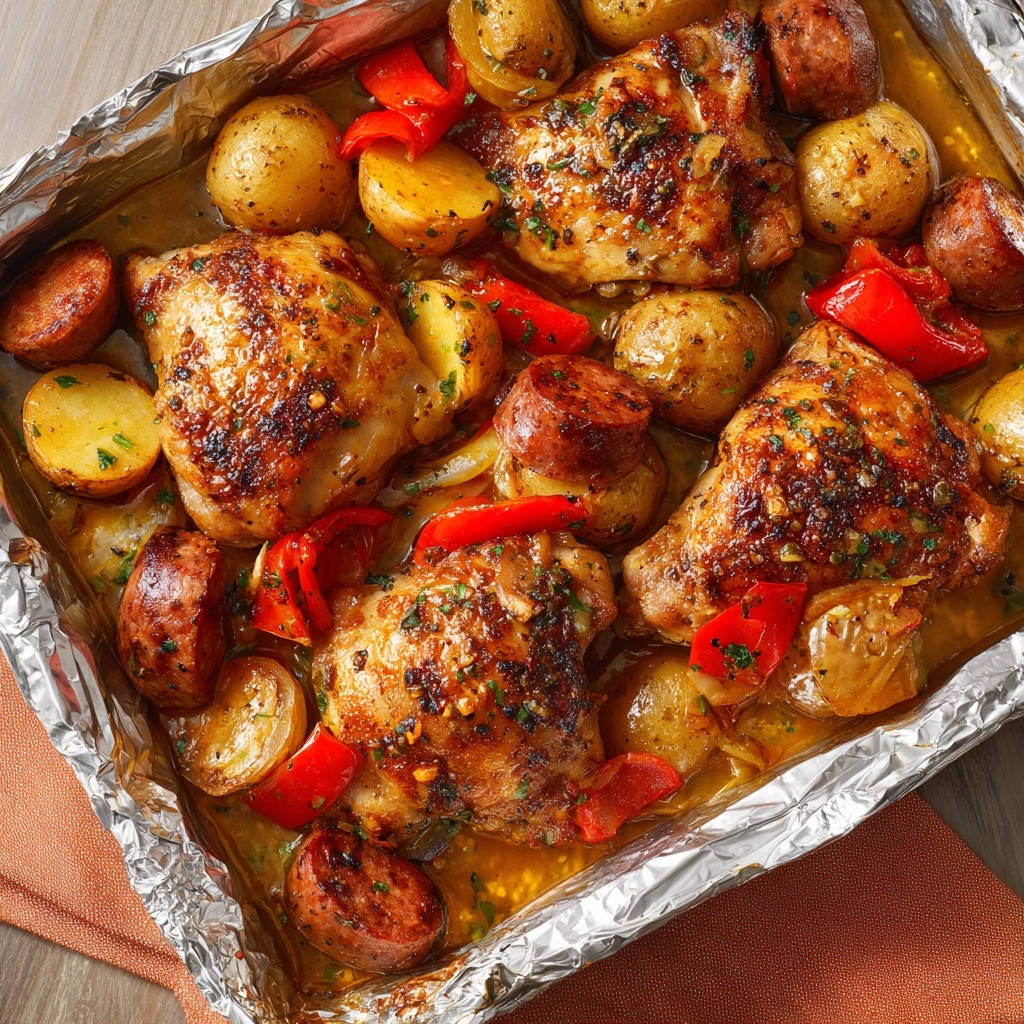 Hähnchen-Gemüse-Blechpfanne nahaufnahme der saftigen Hähnchenschenkel mit Kartoffeln und Paprika in einer Aluschale.
