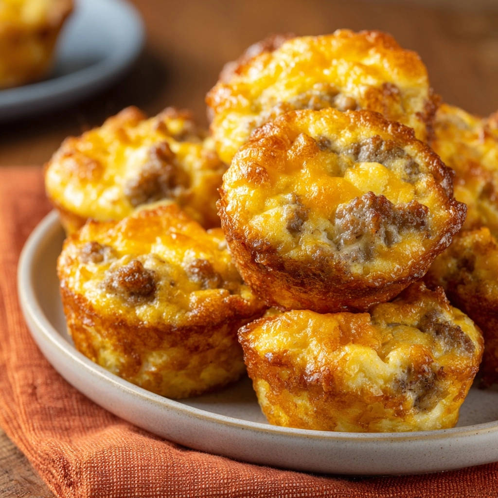 Herzhafte Frühstücks-Eier-Muffins auf einem Teller mit Sauce angerichtet, goldbraun gebacken und mit Käse überbacken.