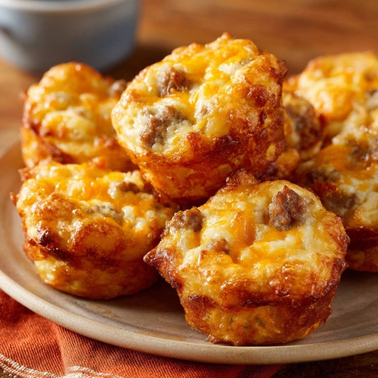 Herzhafte Frühstücks-Eier-Muffins als Stapel auf einem Teller nah aufgenommen mit Käse und Wurst.