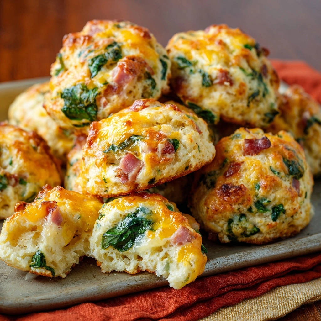 Herzhafte Schinken-Käse-Spinat Scones, hier angeschnitten, zeigen ihr fluffiges Inneres mit Spinat und Schinken.
