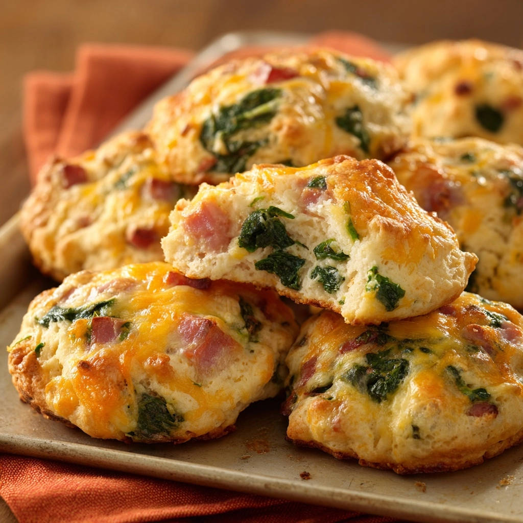 Herzhafte Schinken-Käse-Spinat Scones angeschnitten, die fluffige Textur und die Zutaten im Inneren zeigend.