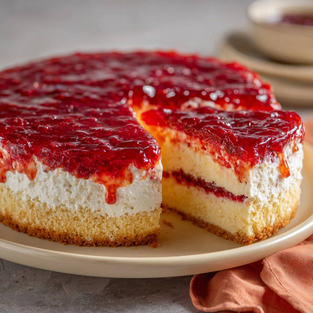 Himbeer-Frischkäse-Torte angeschnitten auf einem Teller, mit einer einzelnen Scheibe, die zeigt, wie sie perfekt geschichtet ist.