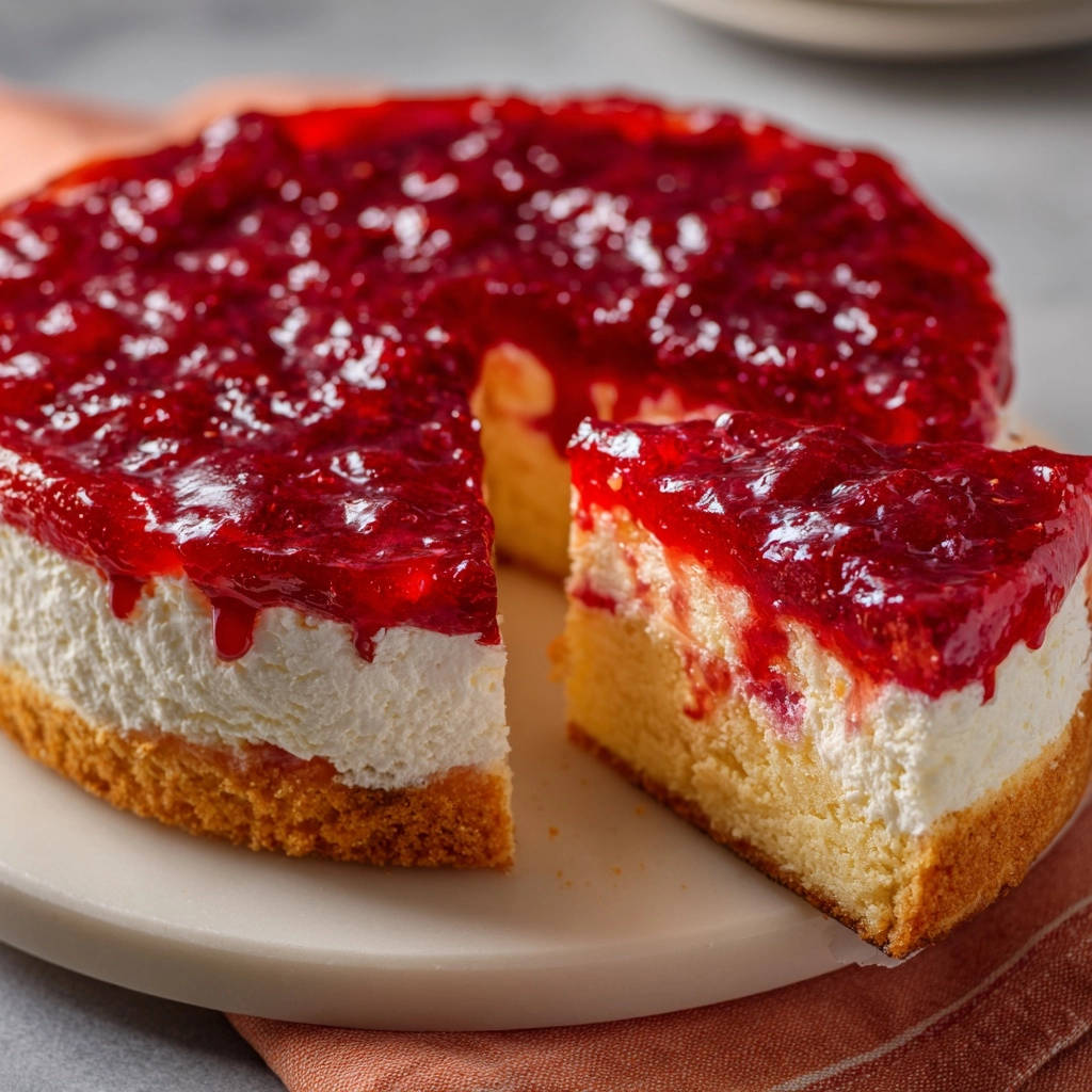 Himbeer-Frischkäse-Torte angeschnitten mit einem Stück herausgenommen, das den saftigen Boden und die cremige Füllung zeigt.