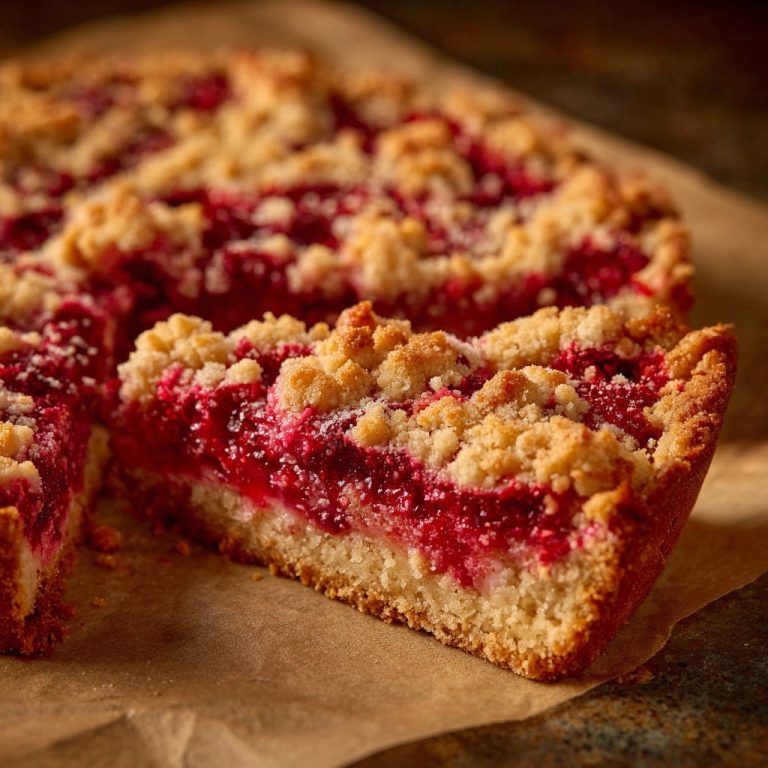 Himbeer-Streuselkuchen angeschnitten in Nahaufnahme zeigt die saftige Füllung und knusprigen Streusel.