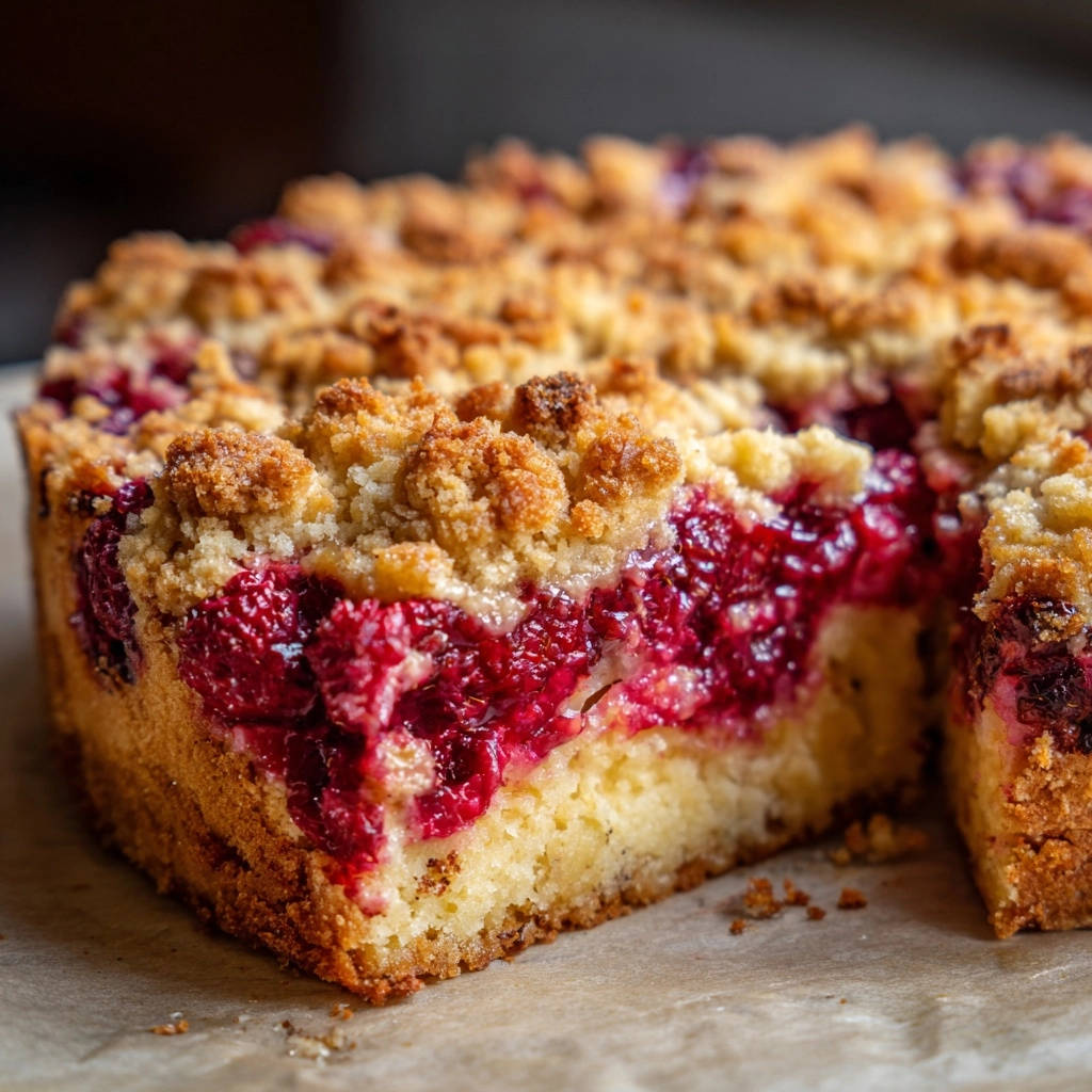 Himbeer-Streuselkuchen im Querschnitt mit saftigen Früchten und knusprigen Streuseln auf einem hellen Kuchenboden.