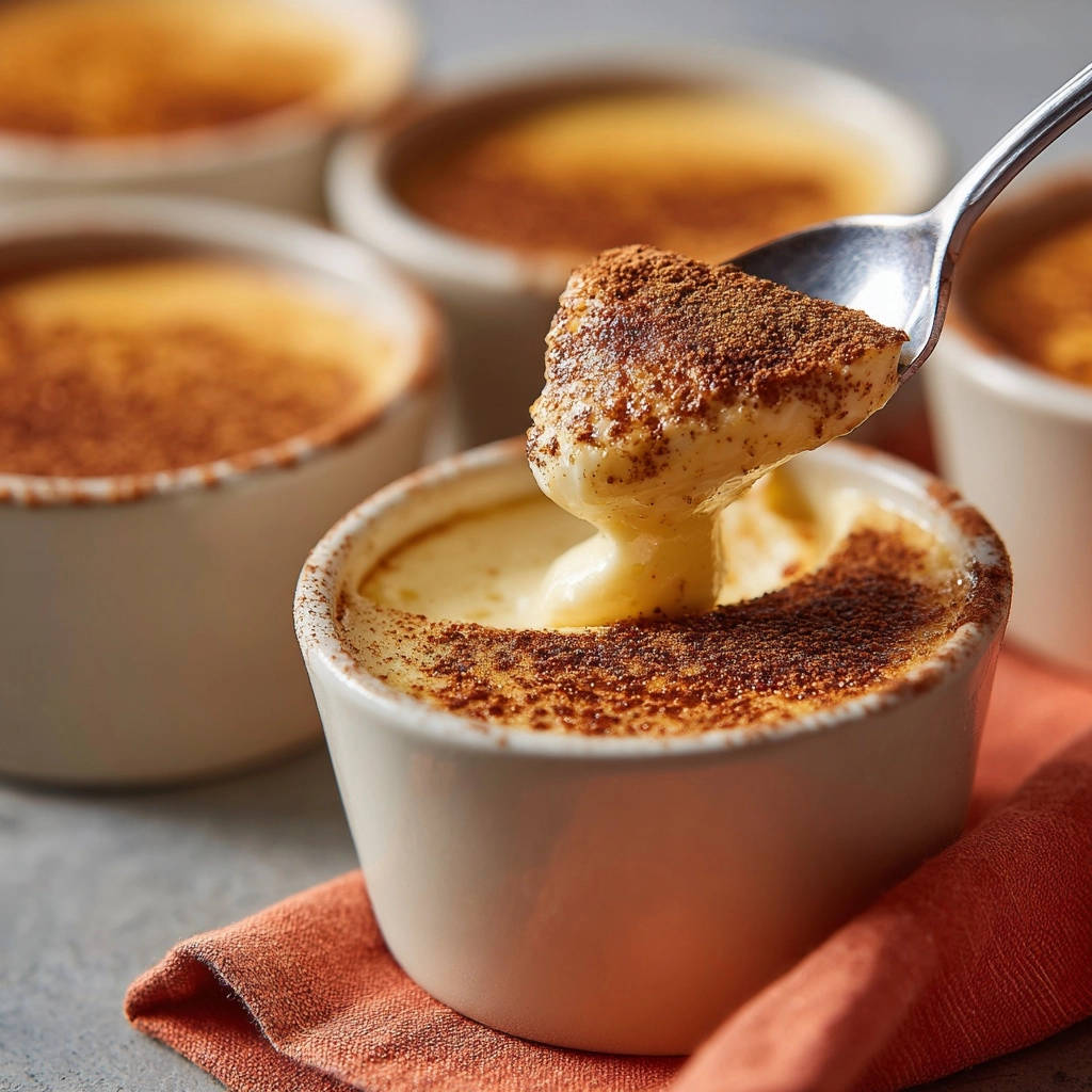 Himmlisches Vanille-Schmelz-Dessert, eine Löffelvoll zartschmelzender Creme wird aus einer Portionsschale gehoben.