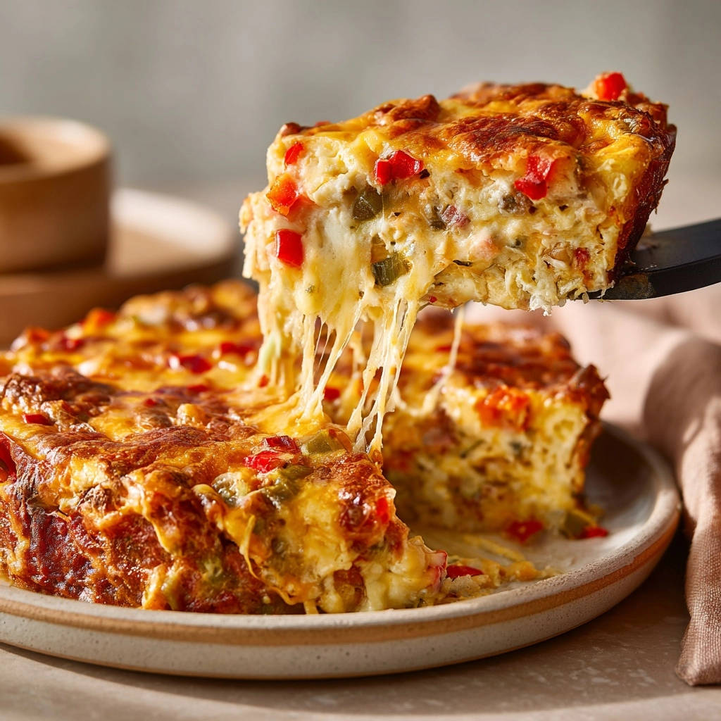 Cremiger Käse-Paprika-Auflauf als angeschnittener Laib mit langem, geschmolzenem Käse, der herausgezogen wird.