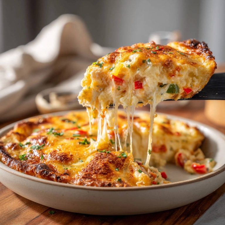 Cremiger Käse-Paprika-Auflauf mit langen Käsefäden, die beim Anheben einer Scheibe sichtbar sind.