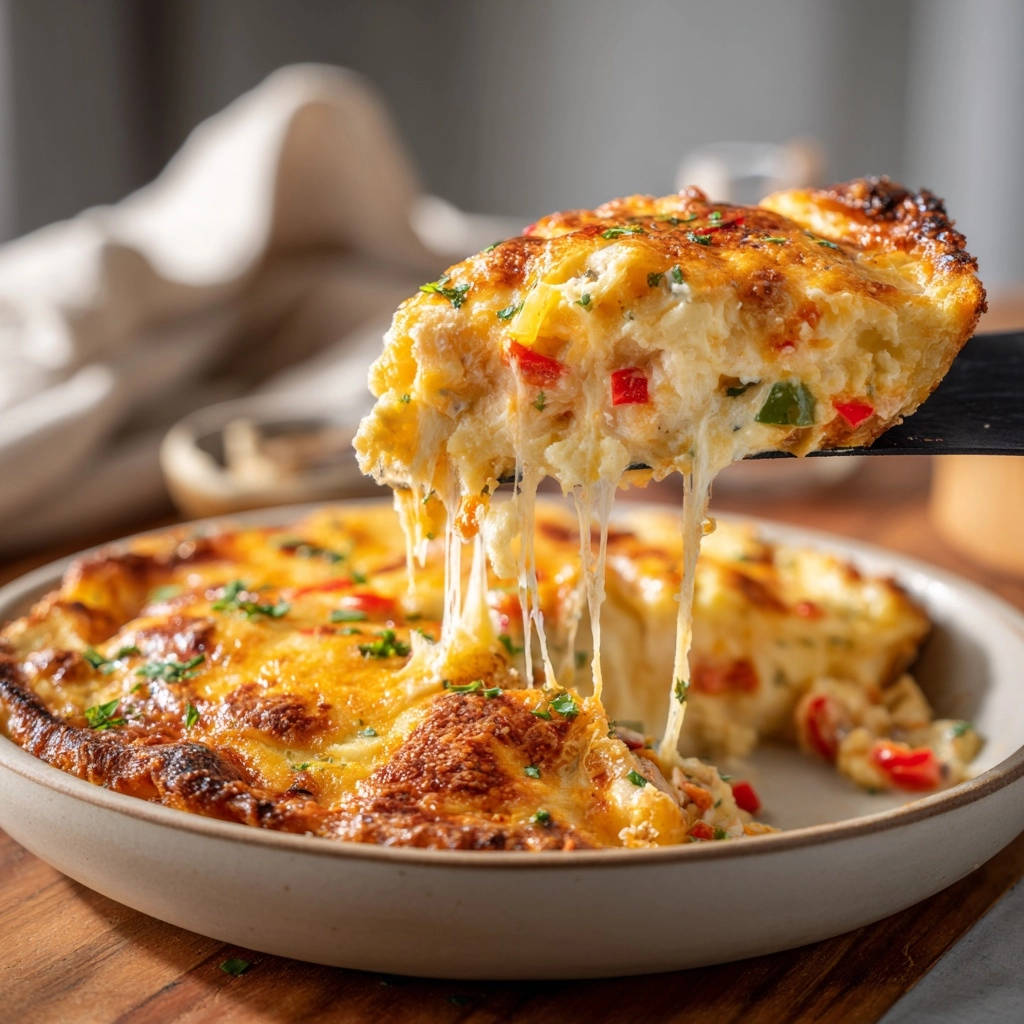 Cremiger Käse-Paprika-Auflauf mit langen Käsefäden, die beim Anheben einer Scheibe sichtbar sind.