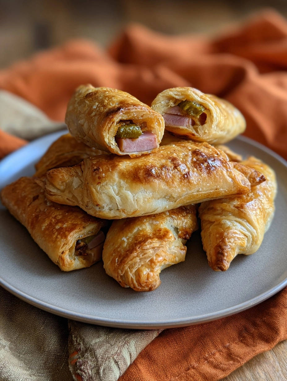 Knusprige Blätterteigtaschen mit Schinken und Käse, angeschnitten und zeigen den saftigen Inhalt aus Schinken und Gewürzgurken.