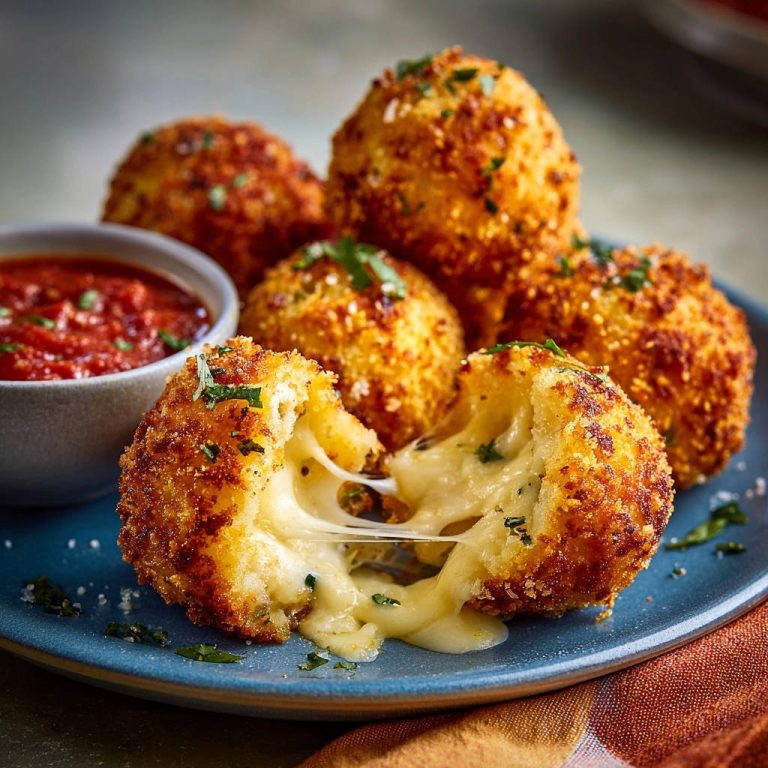 Knusprige Käsebällchen mit herrlich ziehendem Käse im Anschnitt, serviert mit Tomatensauce auf blauem Teller.