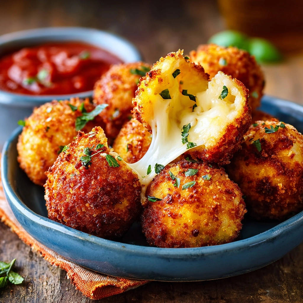 Knusprige Käsebällchen mit herrlich ziehendem Käse im Anschnitt, serviert mit Tomatensauce.