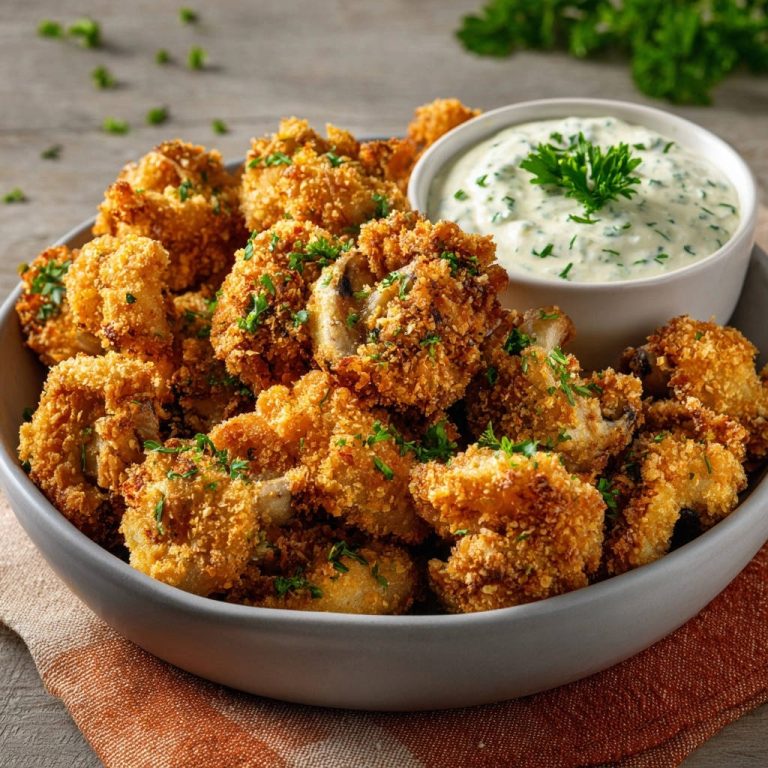 Knusprige Pilz-Bites mit Kräuter-Dip, detailreiche Nahaufnahme des goldbraunen Paniermantels und des frischen Dips.