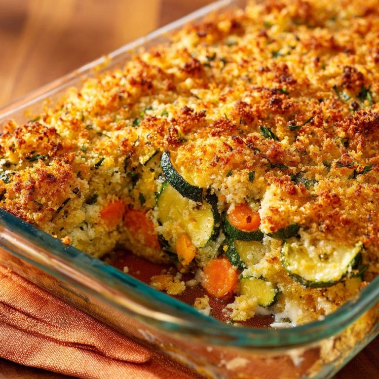 Knuspriger Gemüse-Gratin angeschnitten in einer Glasform, mit sichtbaren Zucchini- und Karottenscheiben und goldbrauner Kruste.