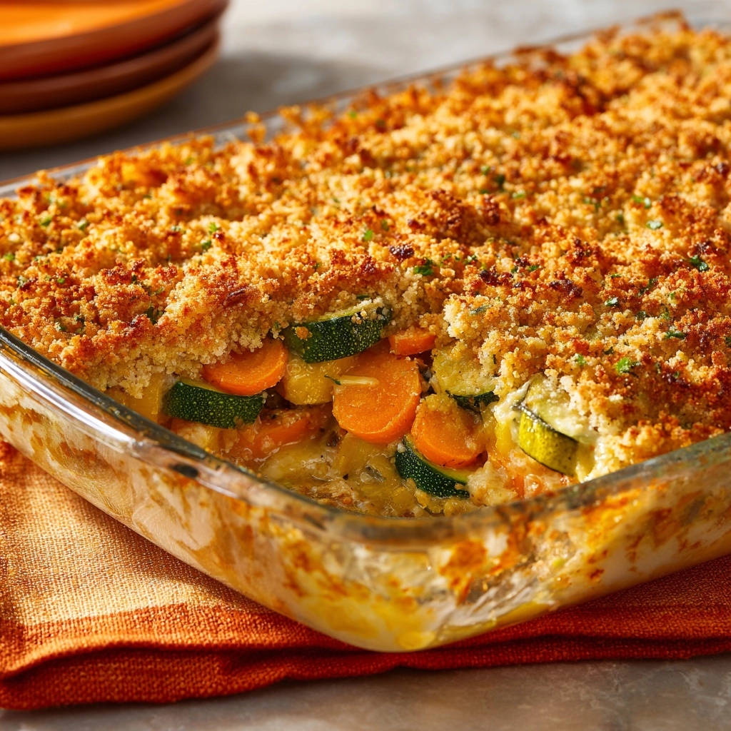 Knuspriger Gemüse-Gratin zeigt im Anschnitt die saftigen Scheiben von Karotten und Zucchini unter der goldbraunen Kruste.