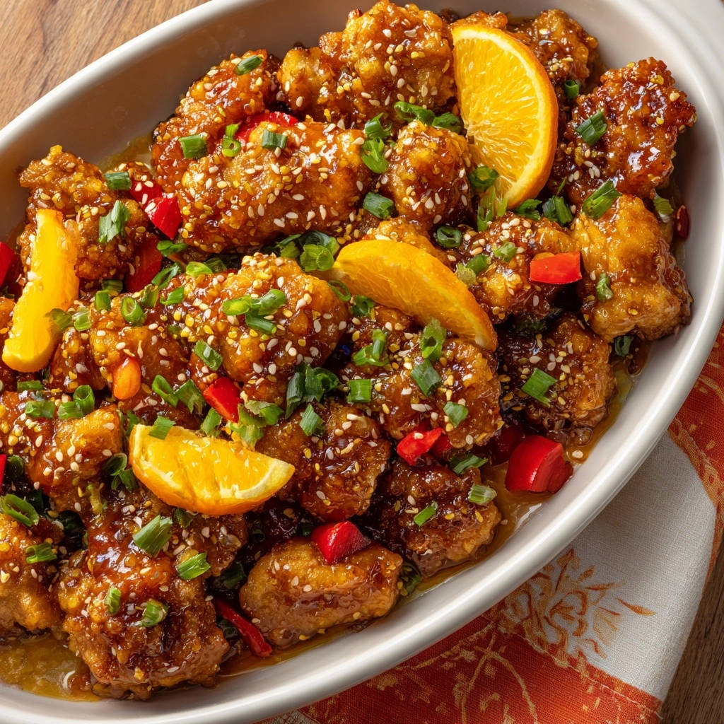Knuspriges Orangen Hähnchen mit frischer Orangen- und Frühlingszwiebelgarnitur in einer Schüssel serviert.