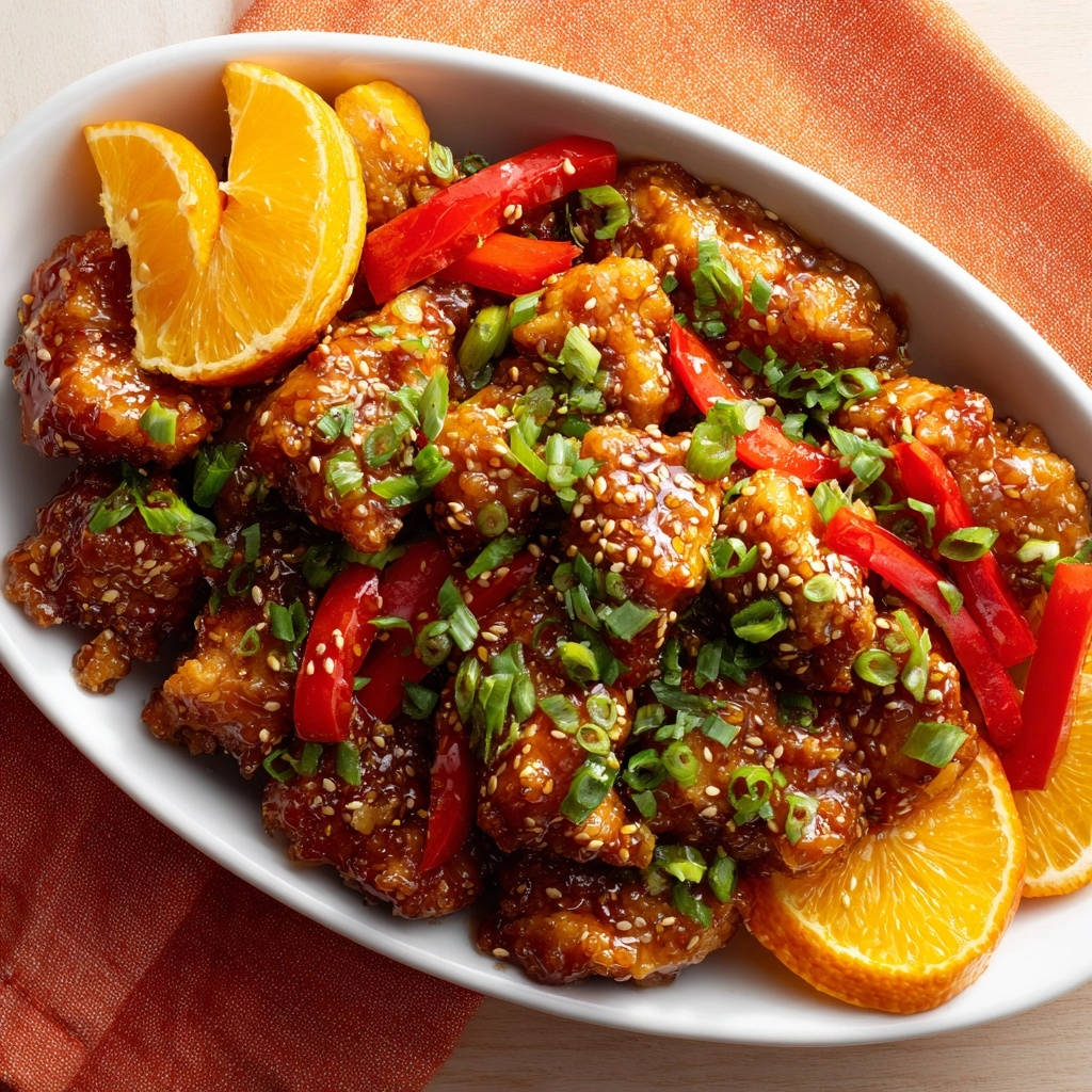 Knuspriges Orangen Hähnchen, serviert in einer Schüssel mit Orangenspalten, roten Paprikastreifen und Frühlingszwiebeln.