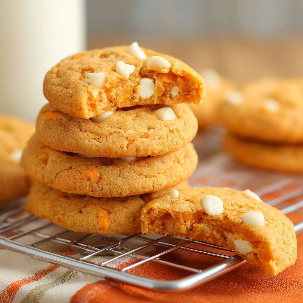 Kürbis-White-Chocolate-Cookies angeschnitten, die eine saftige und fluffige Textur mit vielen weißen Schokoladenstückchen offenbaren.