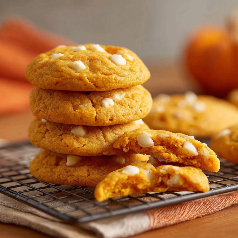 Kürbis-White-Chocolate-Cookies, gestapelt auf einem Gitter und teilweise angeschnitten, um das Innere zu zeigen.