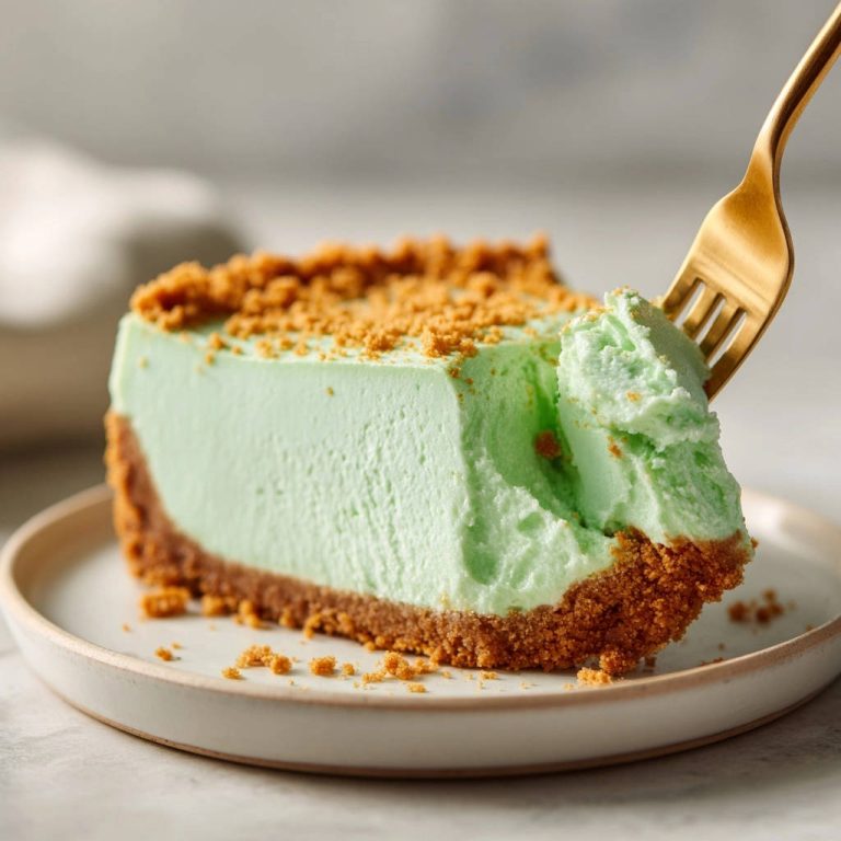 Limetten-Keks-Torte angeschnitten mit einer goldenen Gabel, die ein Stück aus der cremigen Torte hebt.